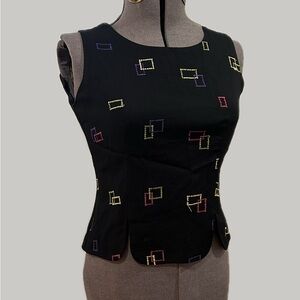 Geometric Patterned embroidered Black vintage Sleeveless Top